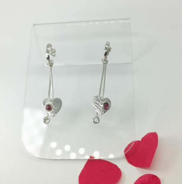 Boucles d'oreilles pendantes argent et grenat et Morganite "I love you" – Image 3