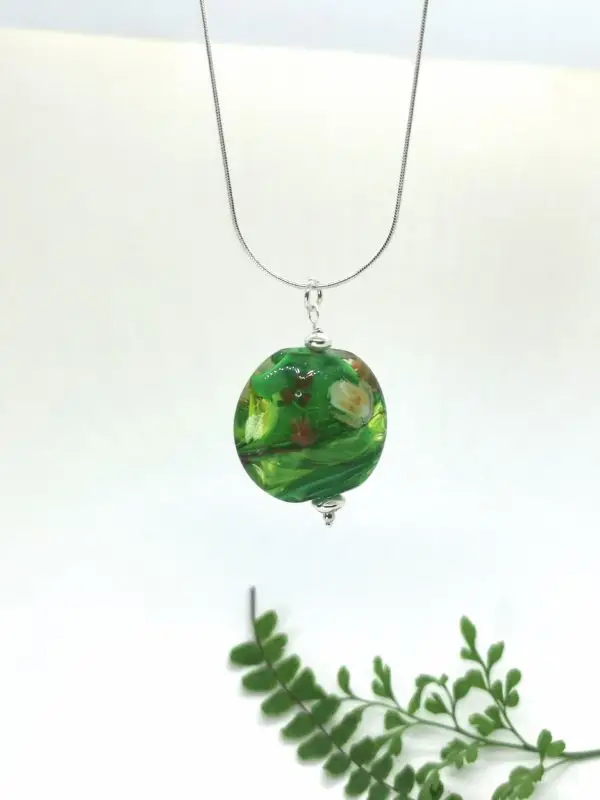 Magnifique Pendentif perle de verre murano vert sur chaine argent – Image 6