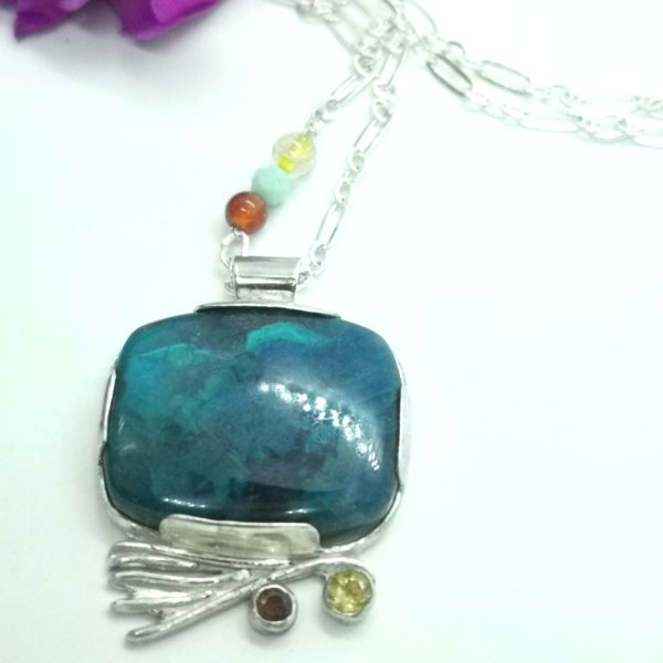 Pendentif en argent "Lumières du Gange" –  Azurite, Citrine & Grenat sur argent