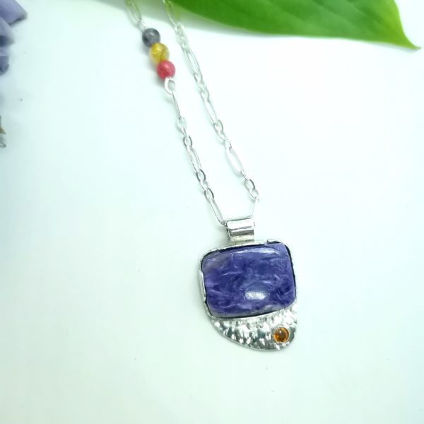 Pendentif en argent "Lumières du Gange" –  Azurite, Citrine & Grenat sur argent – Image 4